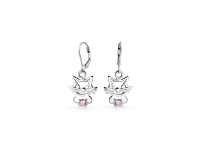Kitty cat Lever Back Rhodium Plated Gemstone Earrings